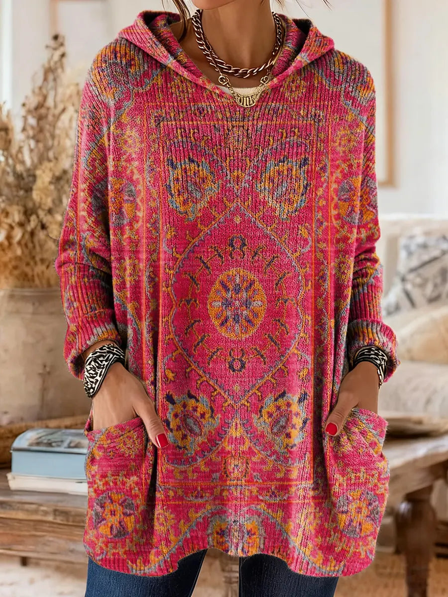Medallion Print Hooded Oversized Tunic Sweater 8
