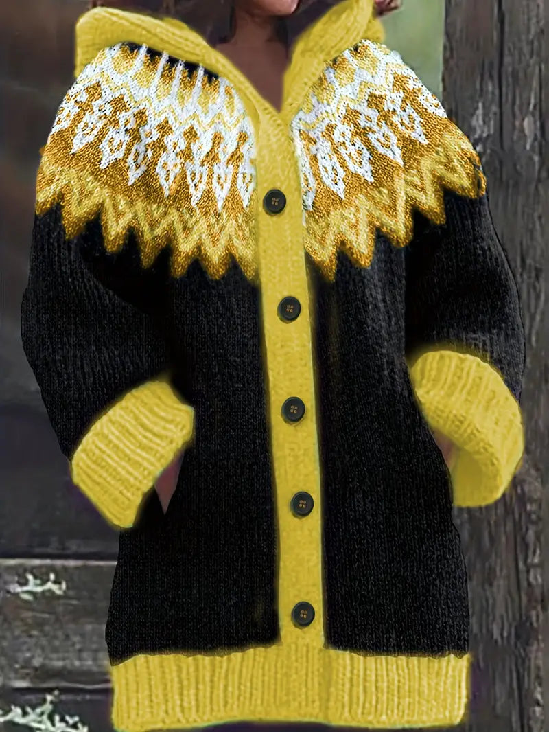 Hooded Button Front Fair Isle Knit Longline Cardigan 4