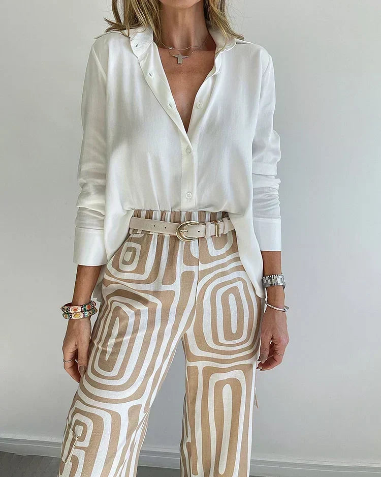 Long Sleeve Shirt and Geometric Print Wide Leg Pants Two Piece Set 4