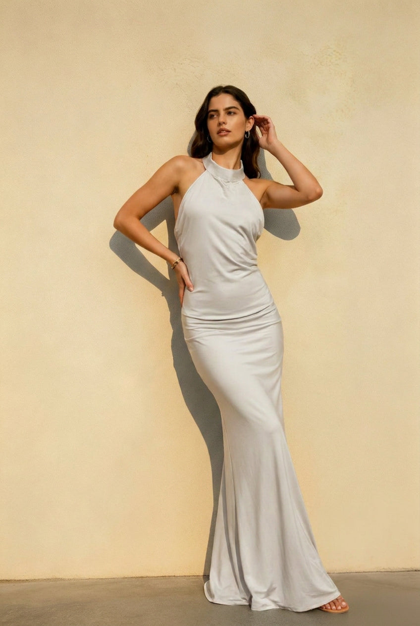 Satin Halter Neck Backless Mermaid Maxi Dress