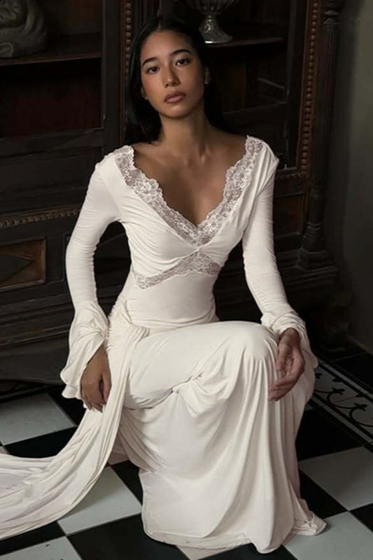 Deep V-Neck Lace Maxi Dress