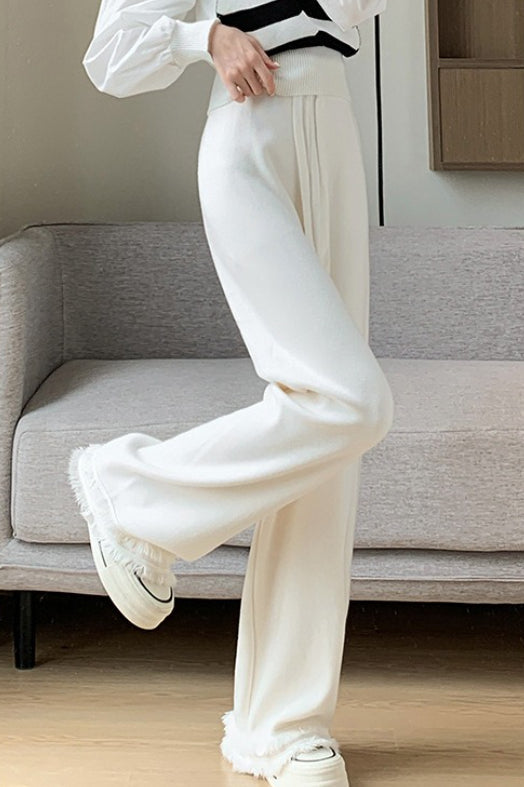 High Waist Fringed Hem Knit Pants