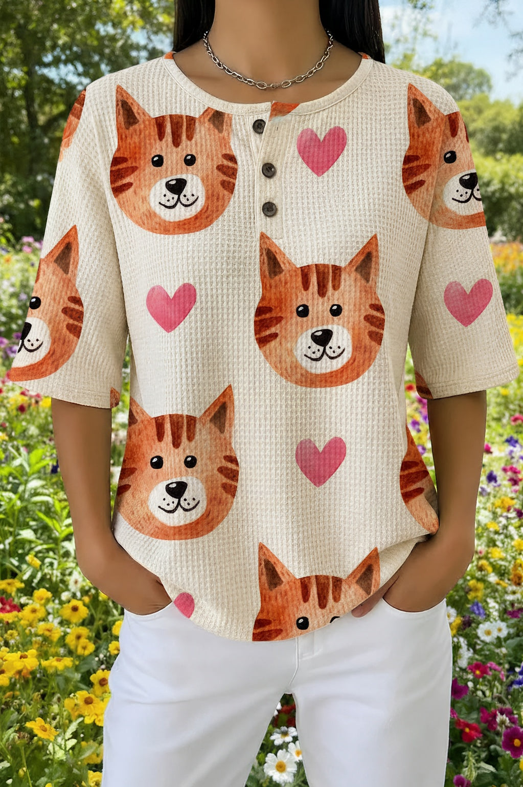 Cat Heart Print Button Henley Waffle Knit Top