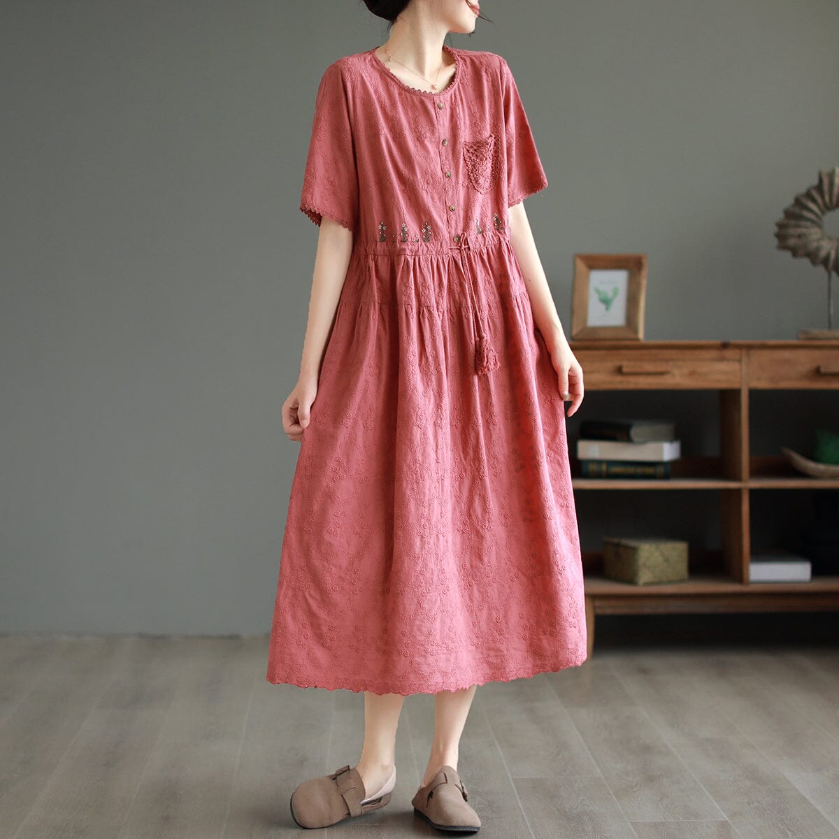 Embroidered Floral Scallop Trim Button Front Midi Dress - View 3