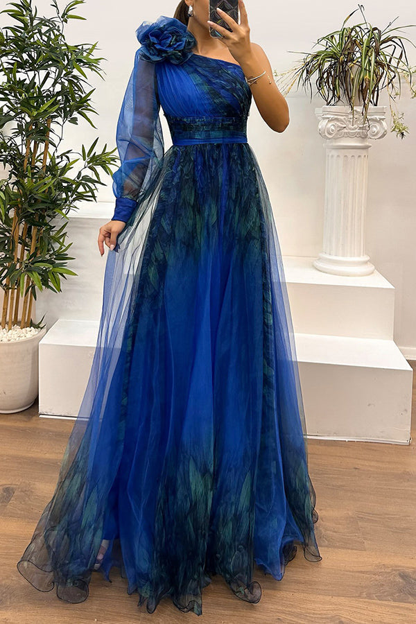 Tulle Off Shoulder Asymmetrical One Sleeve Maxi Dress - View 7