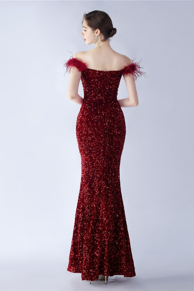 Sequin Off Shoulder Feather Trim High Split Mermaid Gown - View 4