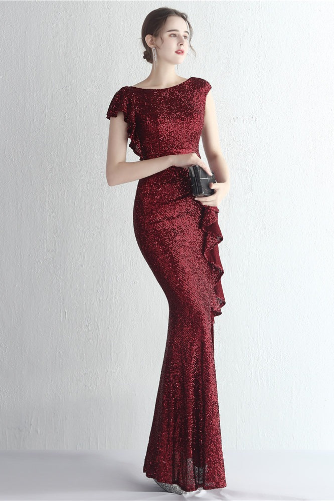 Sequin High Neck Cap Sleeve Ruffle High Split Mermaid Gown - View 10