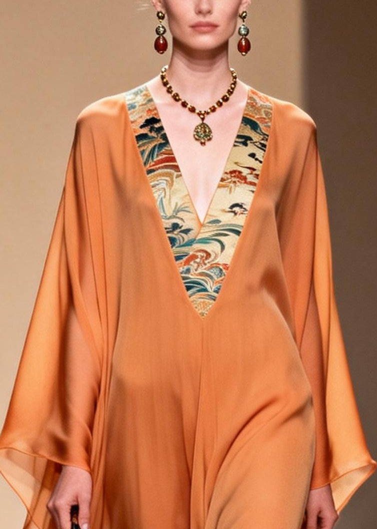 Landscape Trim Deep V-Neck Kimono Sleeve Kaftan Maxi Gown