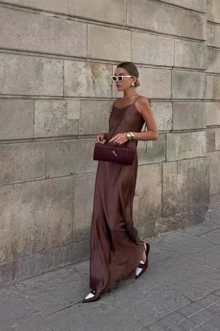 Satin Cami Backless Silk Dress in Brown - View 2