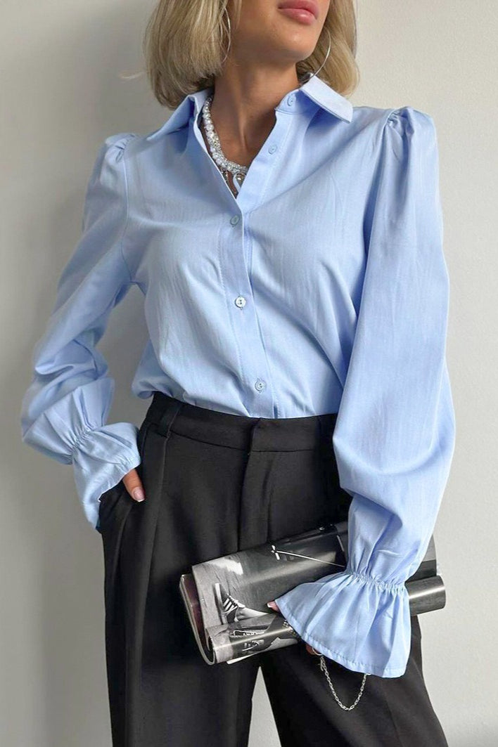 Blue Flare Sleeve Collared Blouse