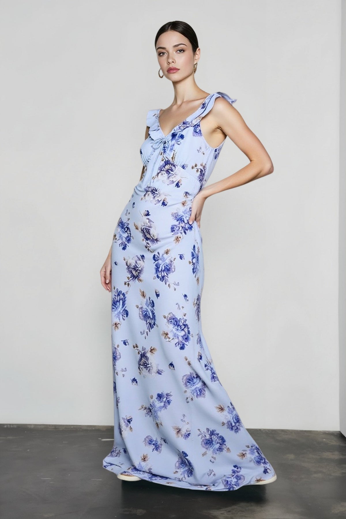 Floral V-Neck Ruffle Trim Tie Front Slip Maxi Dress 4