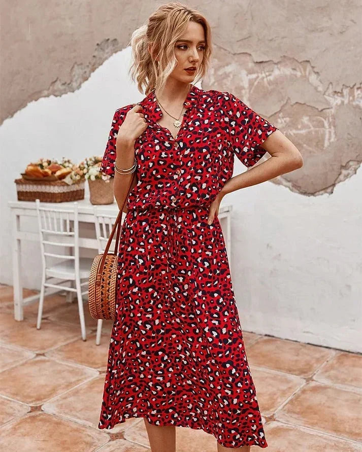 Animal Print Collared Short Sleeve Drawstring Midi Shirt Dress 15