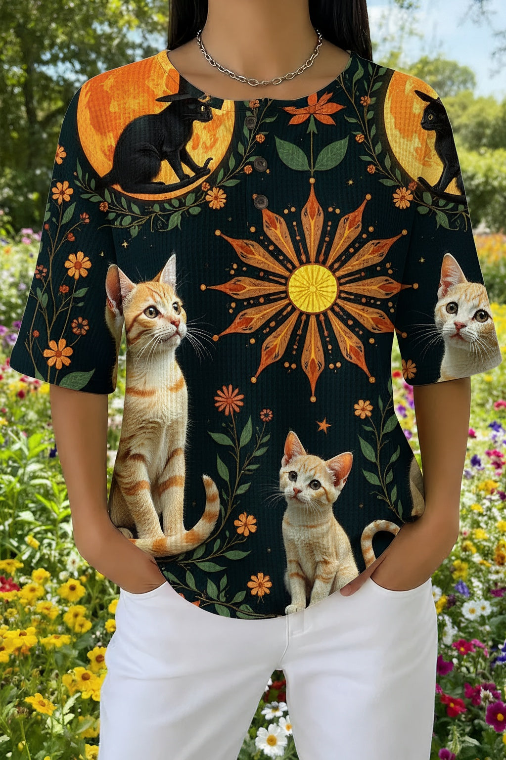 Celestial Cat Print Button Placket Short Sleeve Waffle Top
