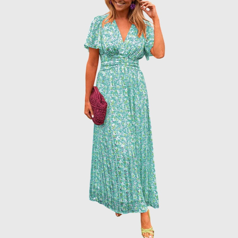 Floral V-Neck Flutter Sleeve Ruched Waist Maxi Dress 12