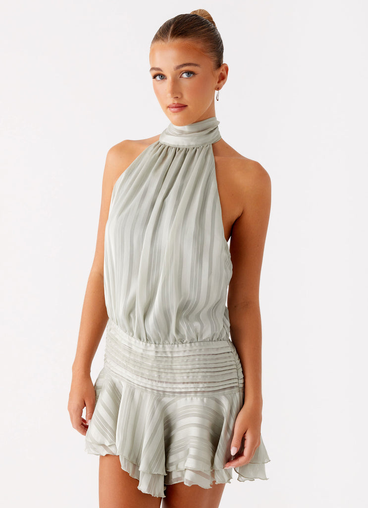 Striped High Halter Neck Sleeveless Drop Waist Ruffle Mini Dress 4