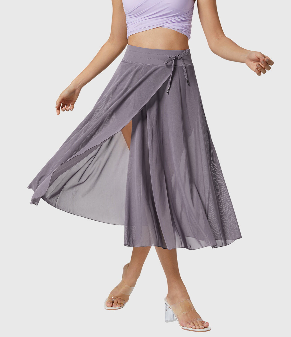 High Waist Drawstring Front Slit A-Line Midi Skirt 8