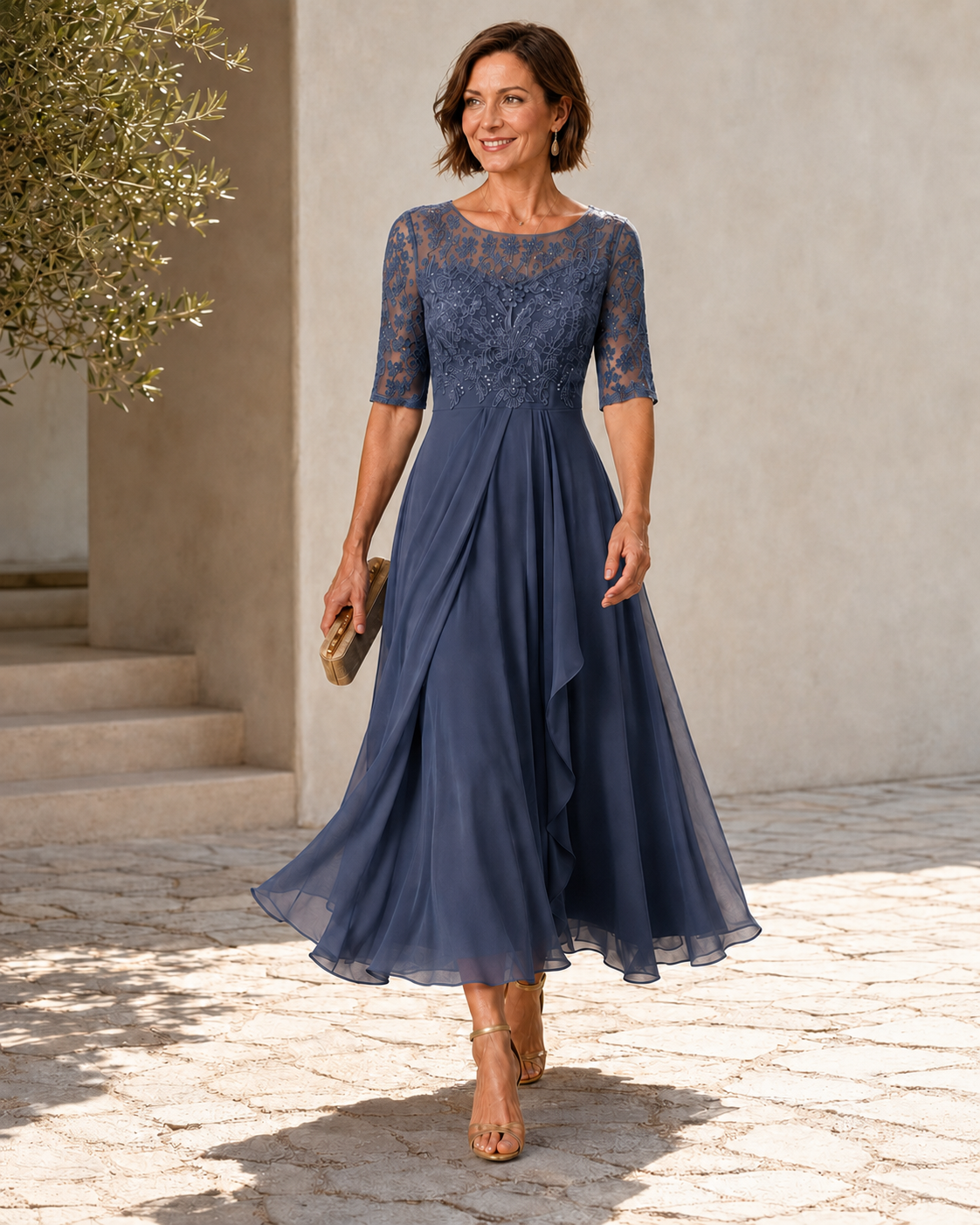 Lace Bodice Short Sleeve Draped Chiffon Tea Length Dress