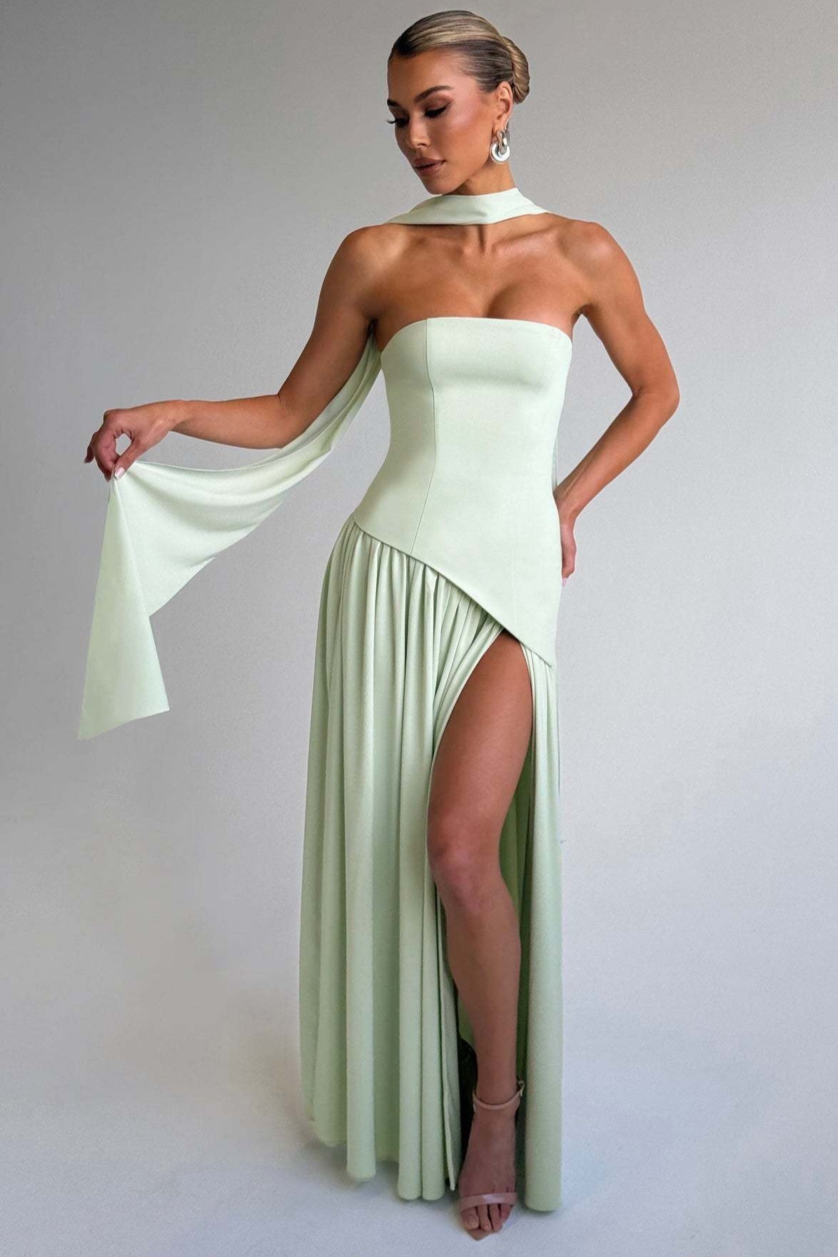 Strapless Scarf Neck High Split Draped Maxi Gown - View 9