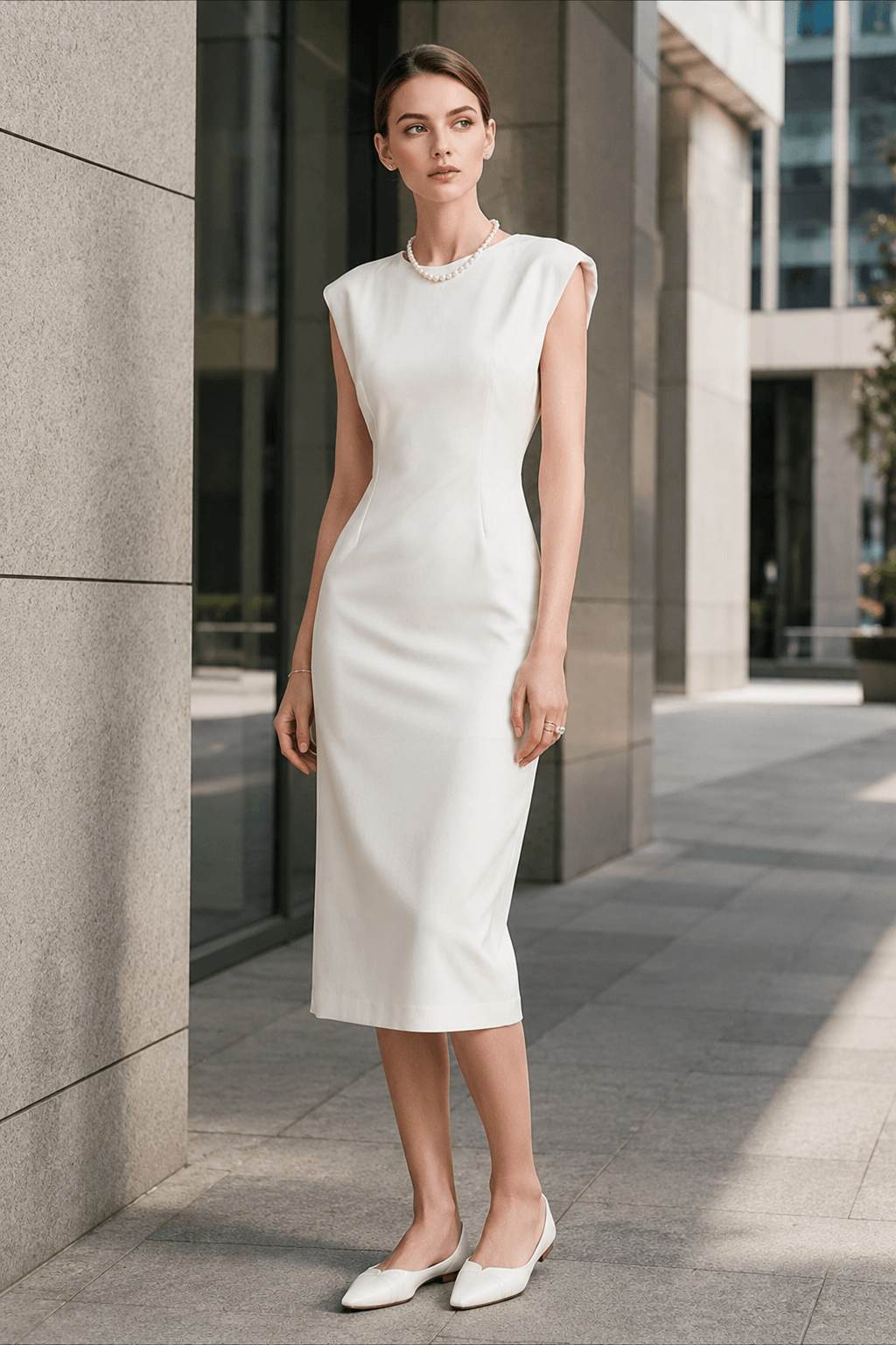 Crew Neck Sleeveless Shoulder Pad Sheath Midi Dress 3