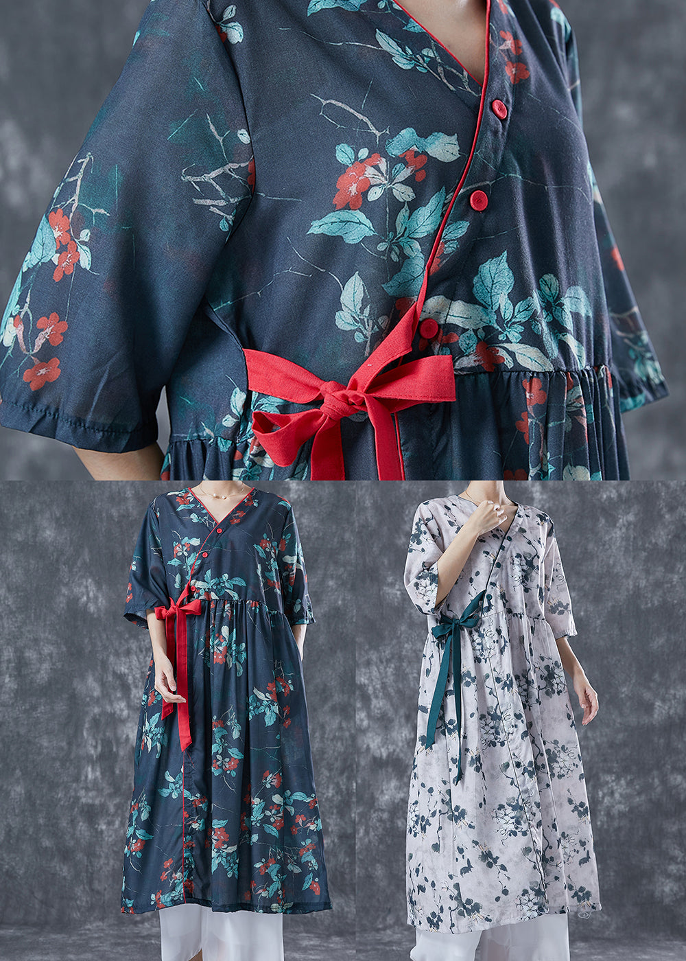 Floral Print V-Neck Wrap Side Tie Three Quarter Sleeve Midi Dress - View 5