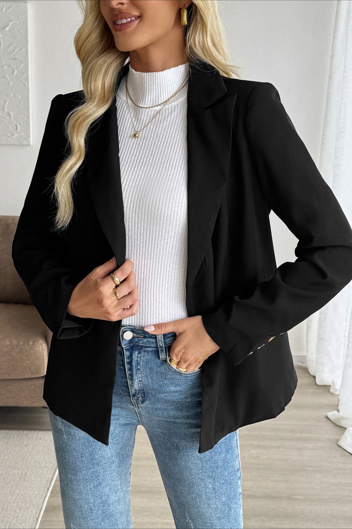 Notch Lapel Open Front Long Sleeve Blazer