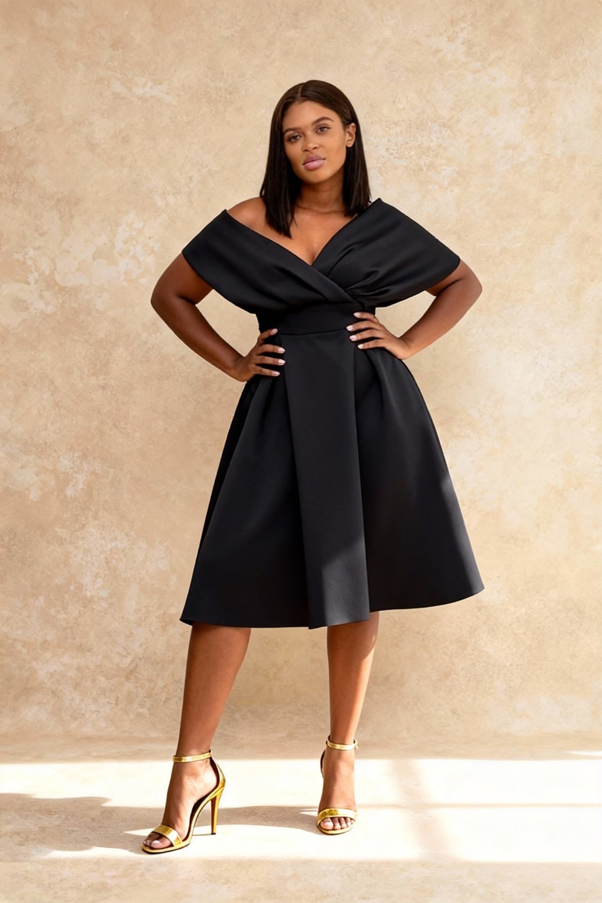 Off Shoulder Wrap Bow Belt Pleated A-Line Midi Dress - View 4