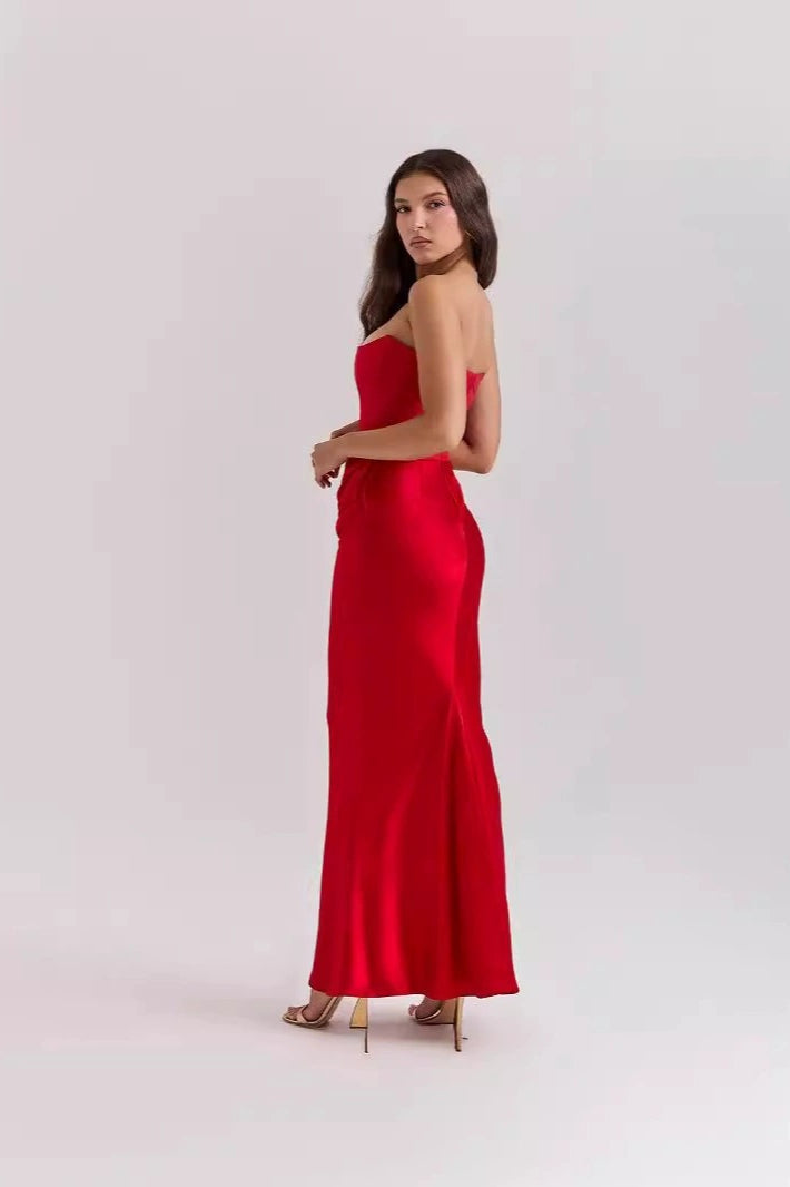 Strapless Sweetheart Corset Gathered Waist Satin Column Maxi Gown - View 5