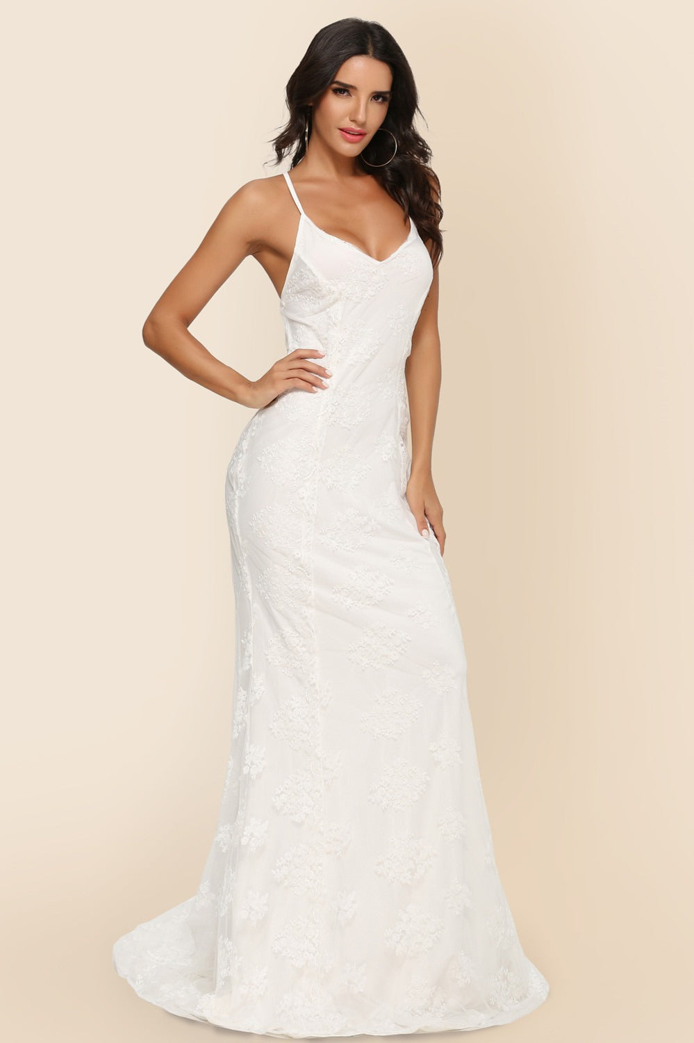Lace V-Neck Spaghetti Strap Backless Mermaid Gown - View 6