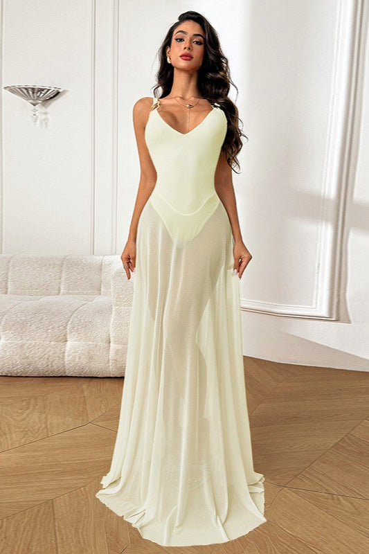 Sheer Mesh V-Neck Spaghetti Strap A-Line Maxi Dress - View 11