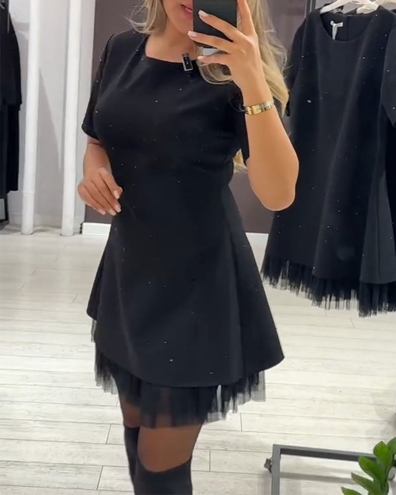 Rhinestone Tulle Hem Short Sleeve Fit and Flare Mini Dress 10