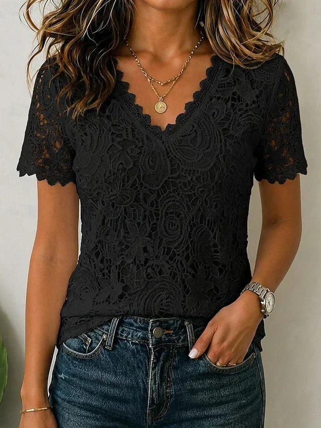 V-Neck Short Sleeve Floral Lace Crochet Top 2