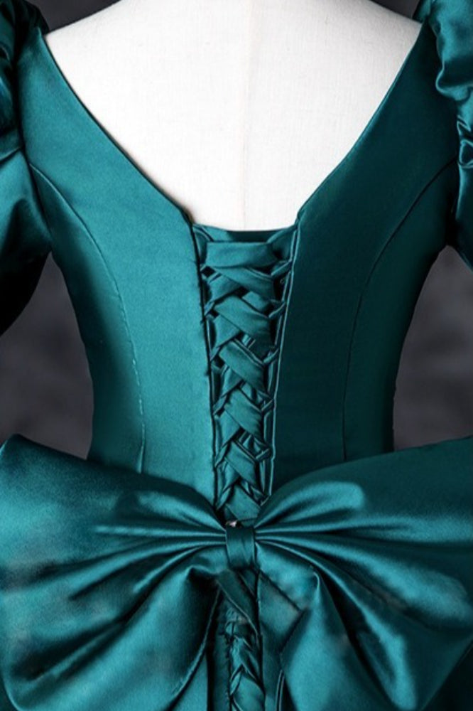 Satin Square Neck Puff Sleeve Bow A-Line Ball Gown - View 4