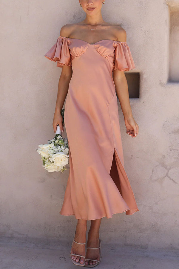 Pure Love Satin Butterfly Sleeve Slit Midi Dress - View 5