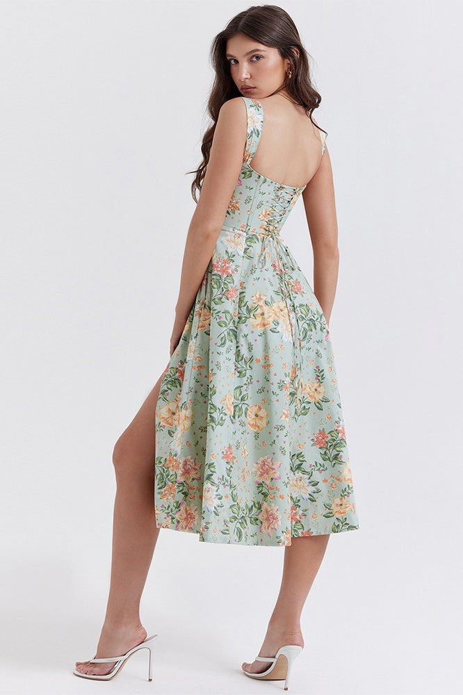 Floral Print Sweetheart Corset A-Line Midi Dress - View 10