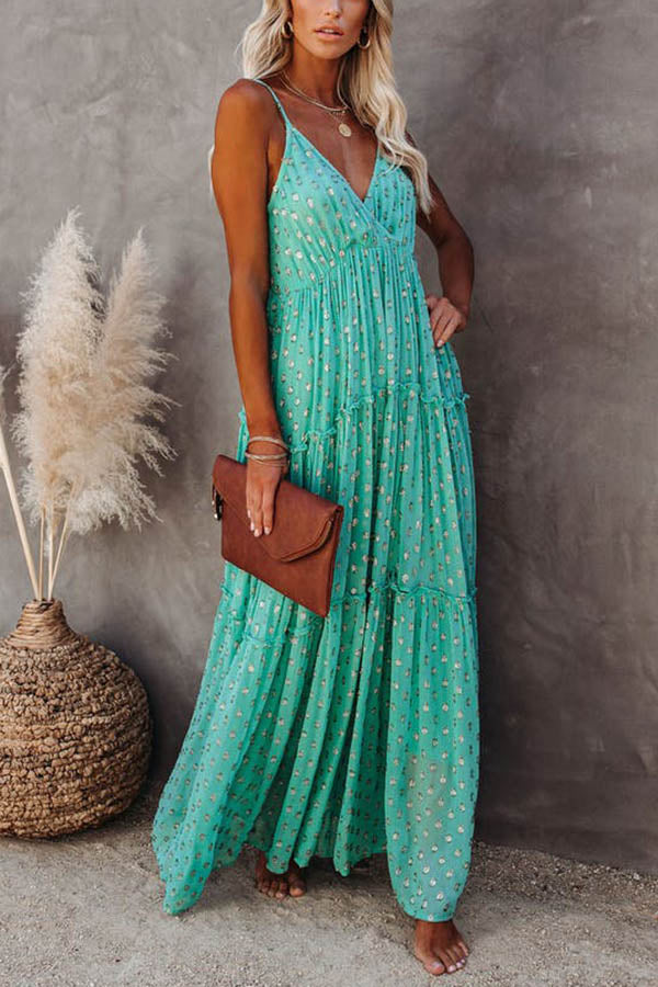 Metallic Dot V-Neck Spaghetti Strap Tiered Maxi Dress 3