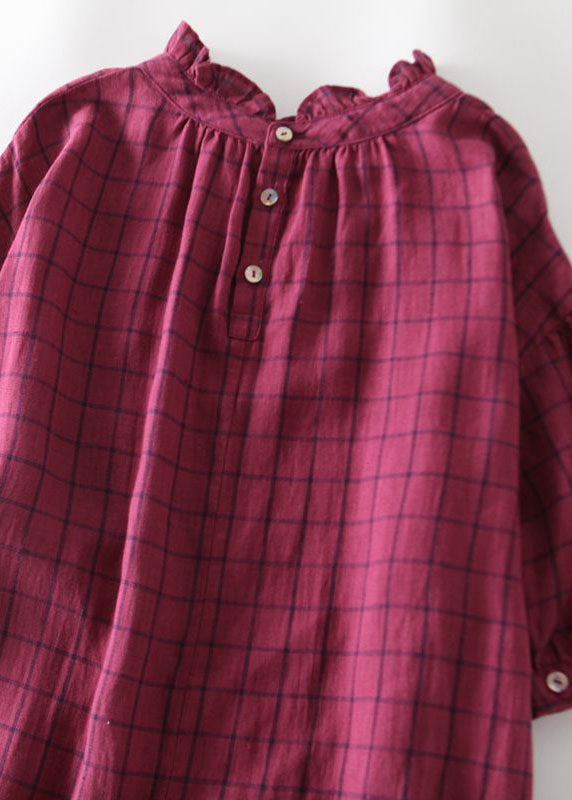 Plaid Print Ruffle Mock Neck Short Puff Sleeve A-Line Midi Dress - View 3