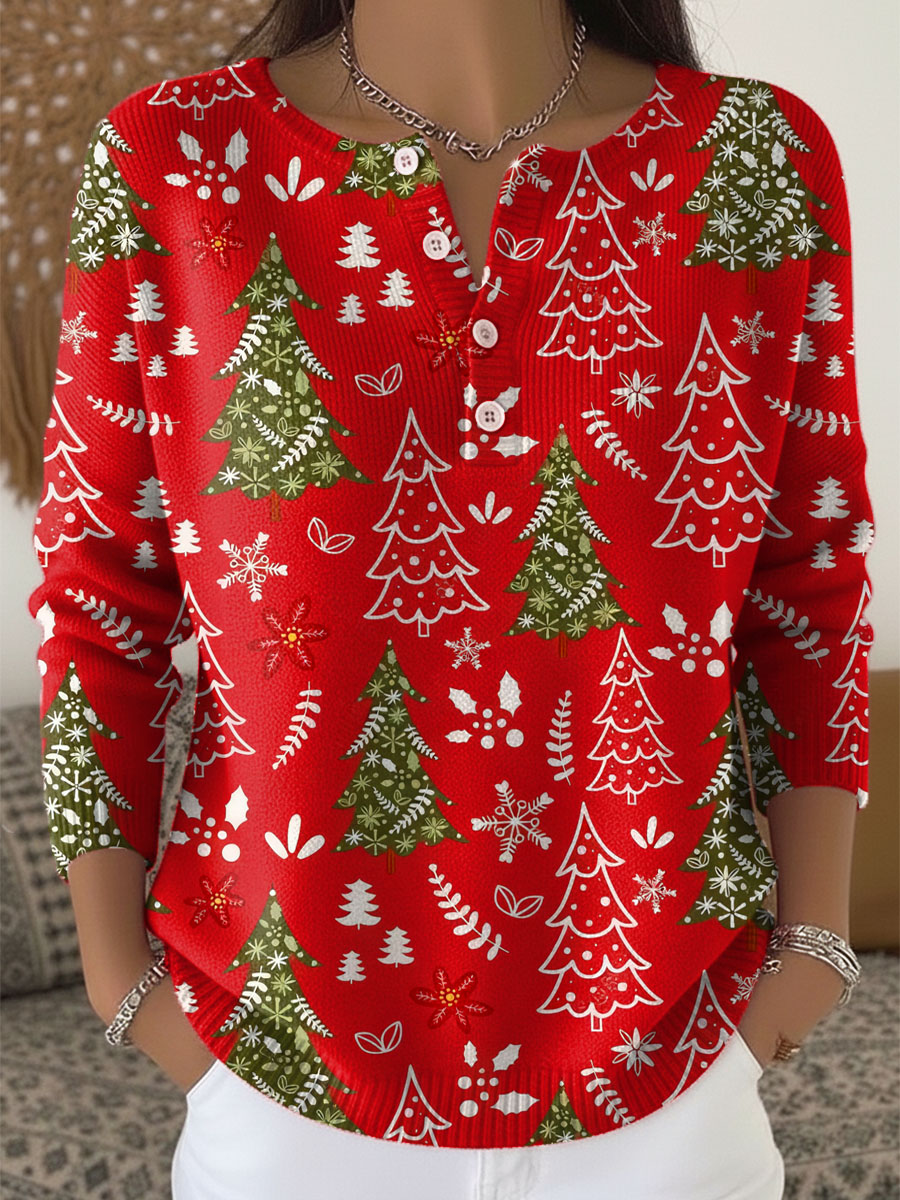 Christmas Tree Print Button Henley Waffle Knit Top 2