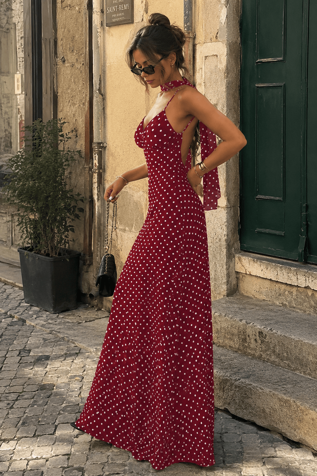 Polka Dot Spaghetti Strap V-Neck Scarf Bias Maxi Dress 7
