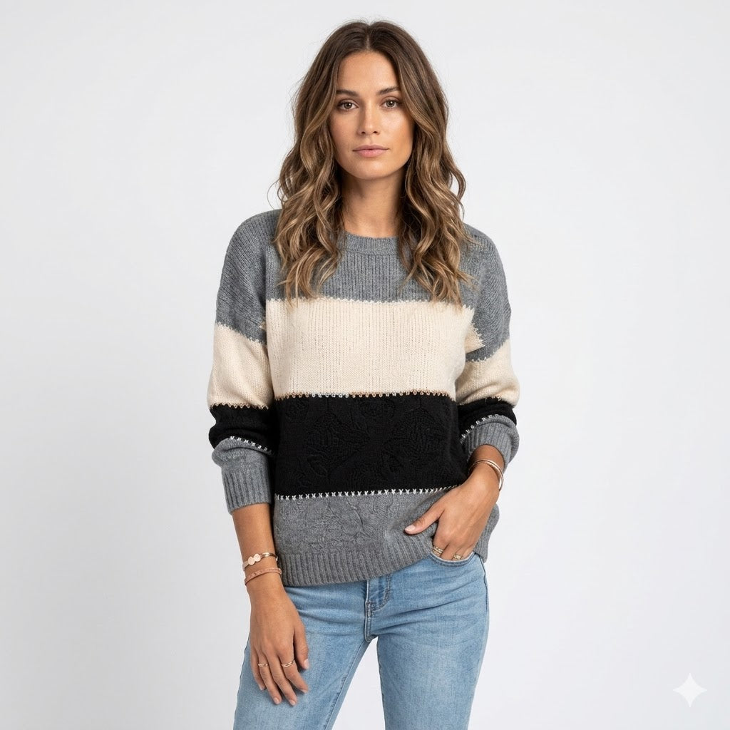 Colour Block Crew Neck Cable Knit Sweater 2