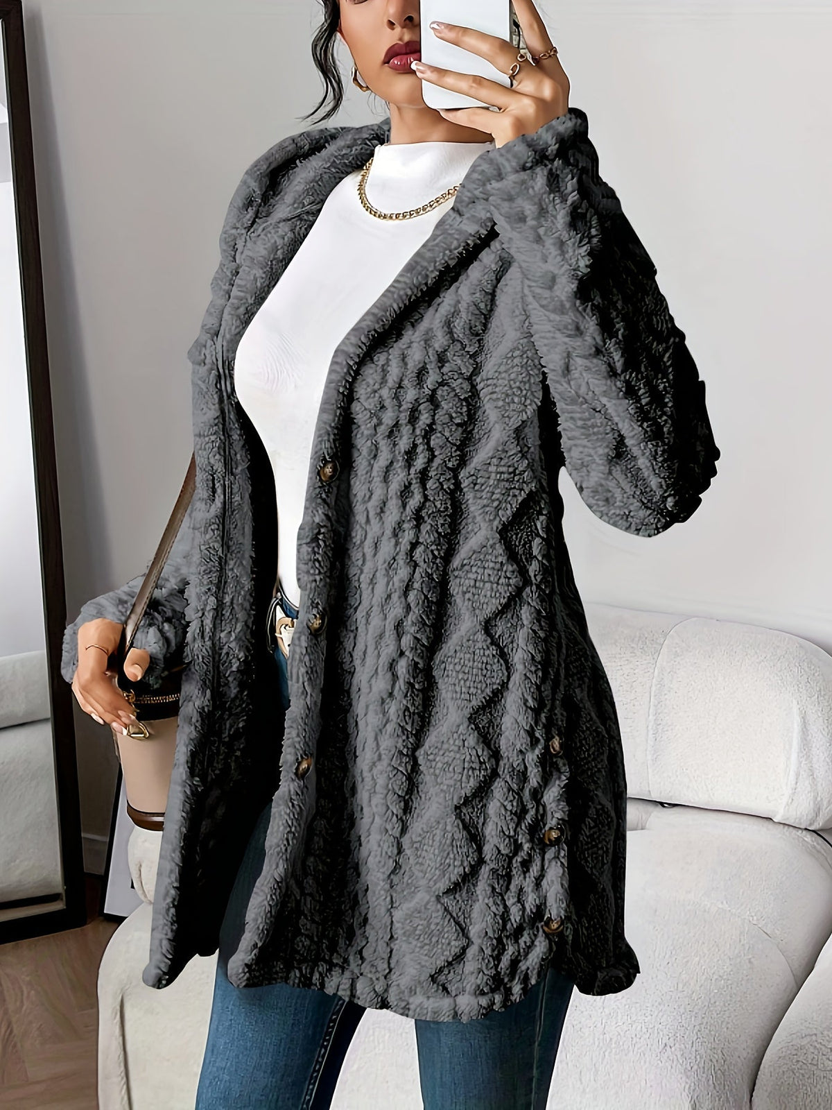 Textured Fleece Hooded Button Front Cardigan Coat 9