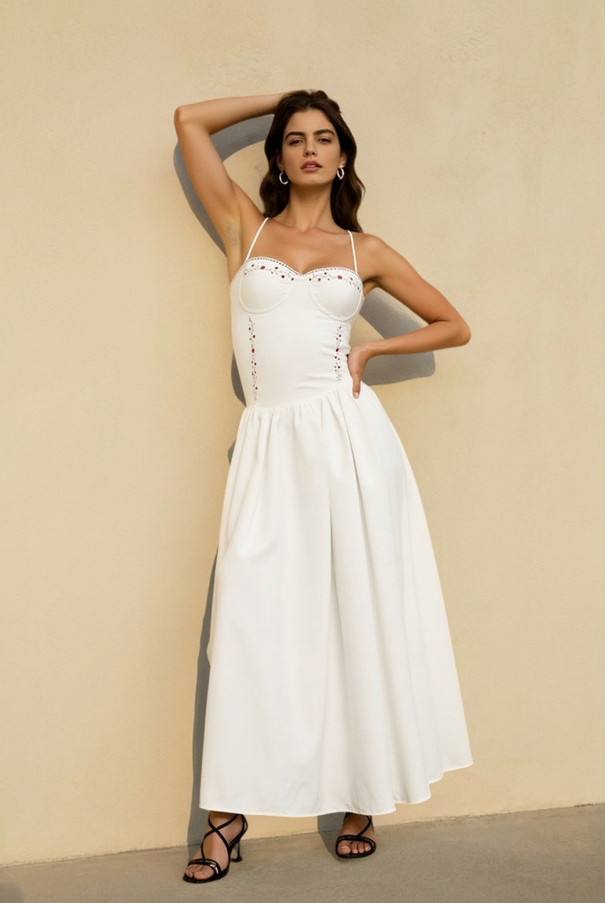 Embroidered Sweetheart Corset Bodice A-Line Midi Dress 2