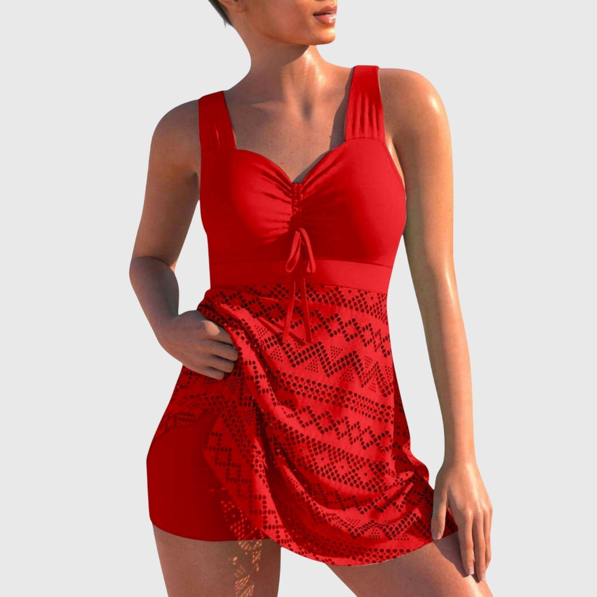 Ruched Front Lace Overlay Swim Dress 5