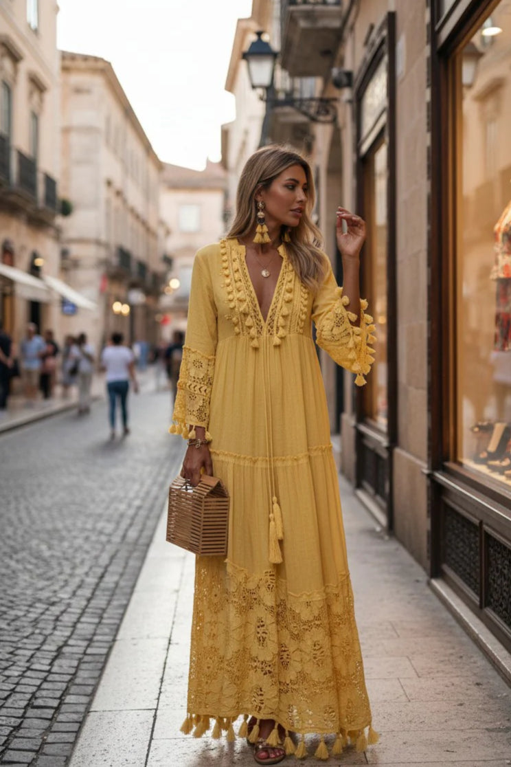 Deep V-Neck Tassel Trim Lace Insert Bell Sleeve Tiered Dress - View 7