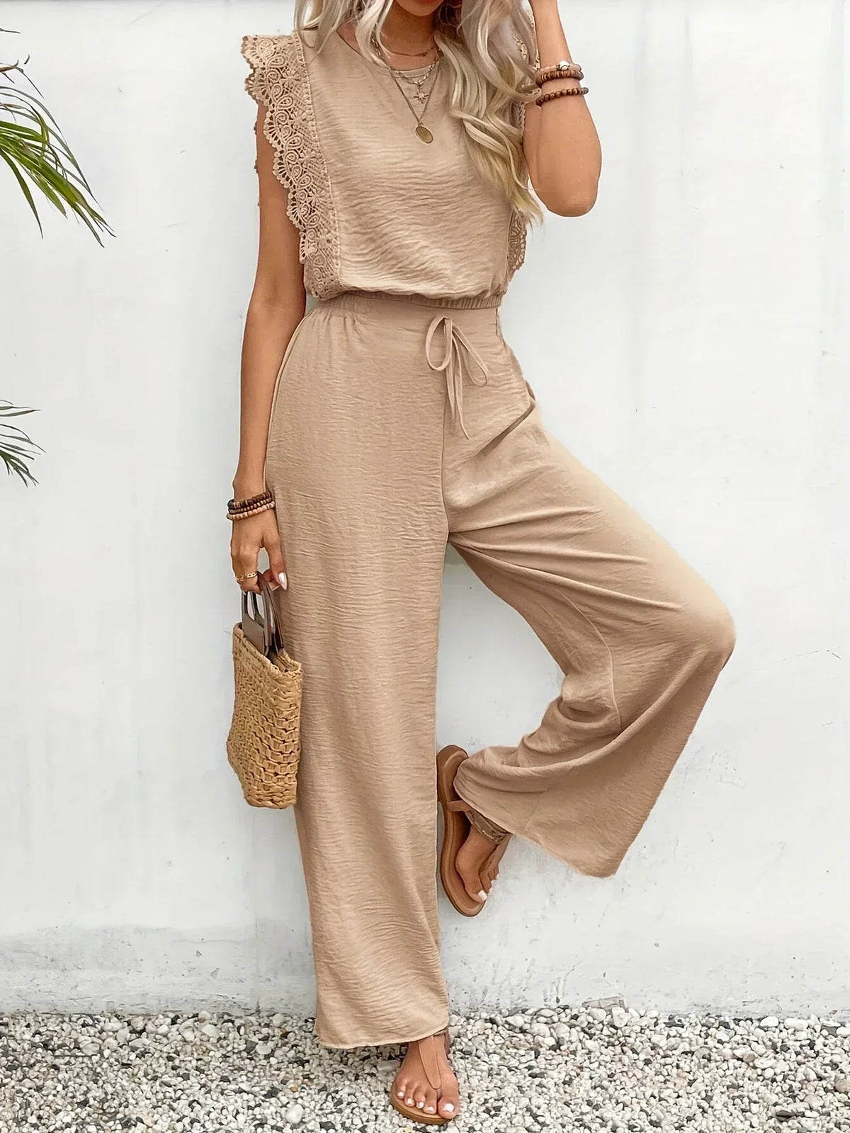 Round Neck Lace Trim Cap Sleeve Wide Leg Jumpsuit 38