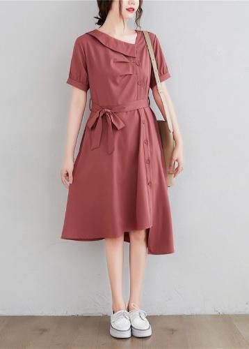 Asymmetric Collar Button Front Pocket Tie Belt A-Line Dress - View 2