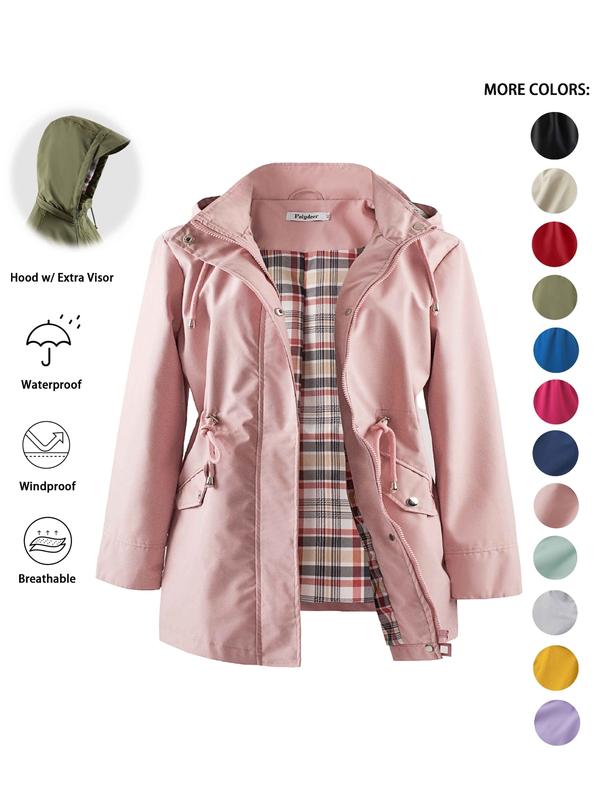 Hooded Zip Front Drawstring Waist Rain Jacket 4