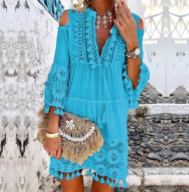 Deep V-Neck Tassel Trim Lace Insert Bell Sleeve Tiered Dress - View 14