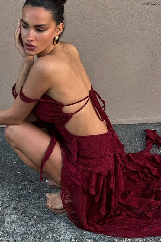 Lace Strapless Party Dress in Red - View 3