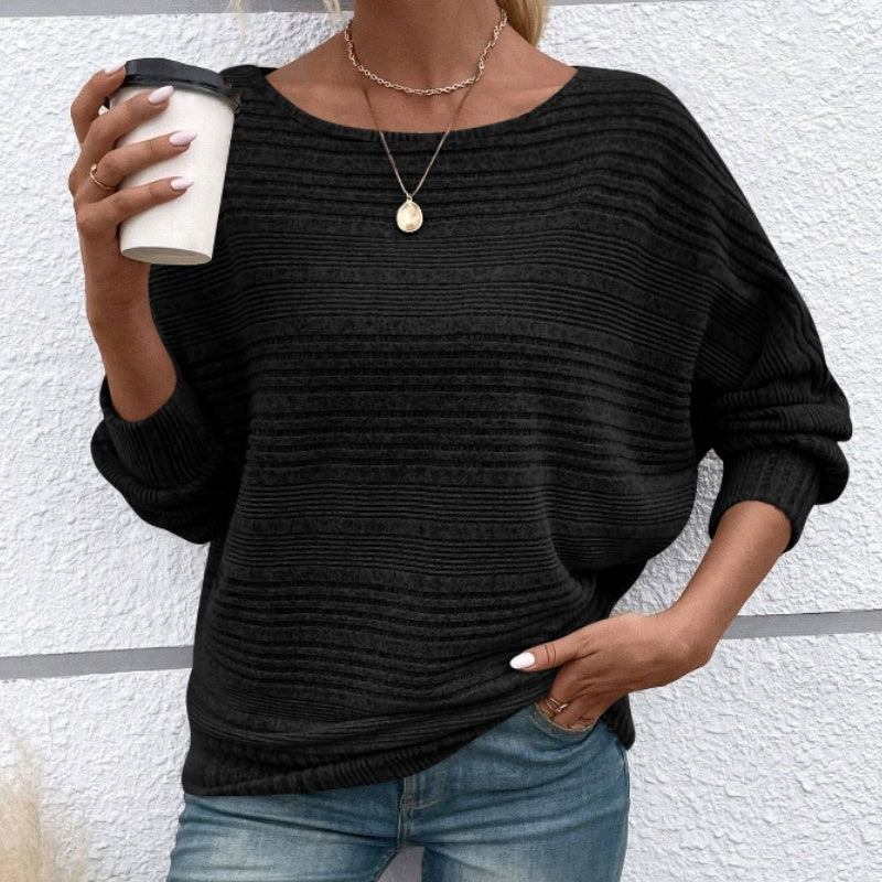 Striped Boat Neck Batwing Long Sleeve Knit Top 14
