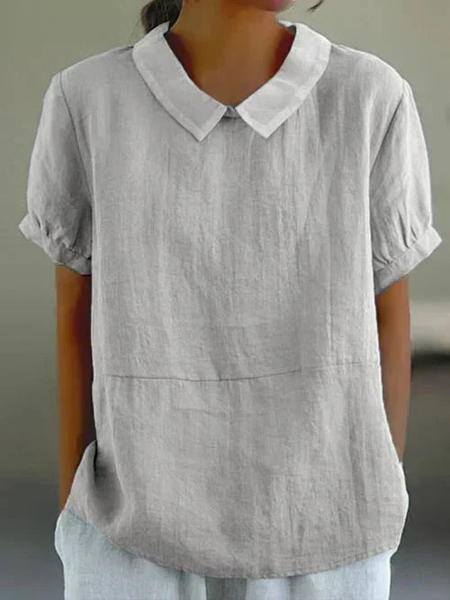 Peter Pan Collar Short Puff Sleeve Linen Look Top 2